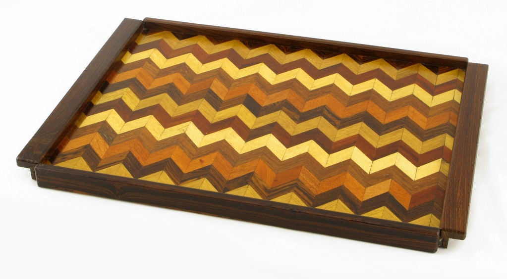 Mid-20th Century Don S. Shoemaker Rosewood Chevron Parquetry Tray With Pair Boxes