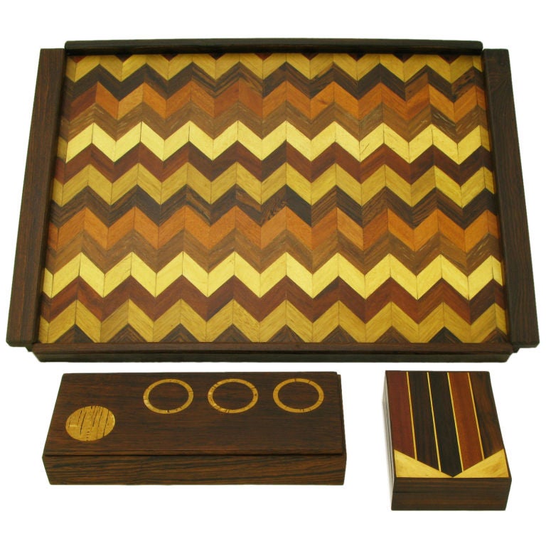 Don S. Shoemaker Rosewood Chevron Parquetry Tray With Pair Boxes