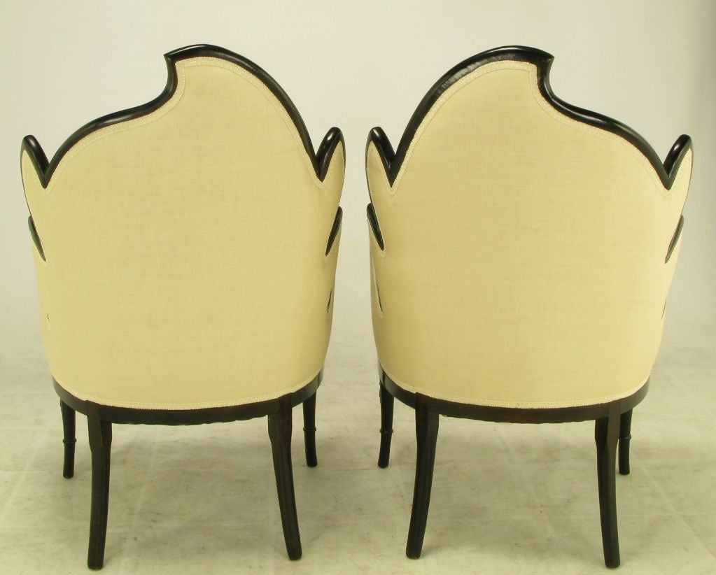 Mid-20th Century Pair 1940s Mahogany Leaf-Back Arm Chairs In Ivory Linen