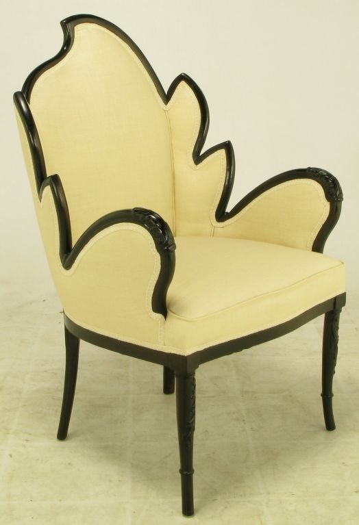 Pair 1940s Mahogany Leaf-Back Arm Chairs In Ivory Linen 1