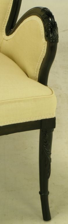 Pair 1940s Mahogany Leaf-Back Arm Chairs In Ivory Linen 4