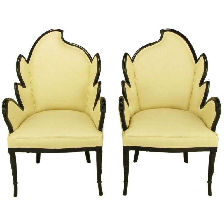 Pair 1940s Mahogany Leaf-Back Arm Chairs In Ivory Linen