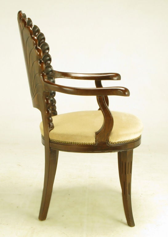 Hand-Carved Set Six Italian Walnut Grotto Arm Chairs