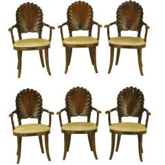 Vintage Set Six Italian Walnut Grotto Arm Chairs