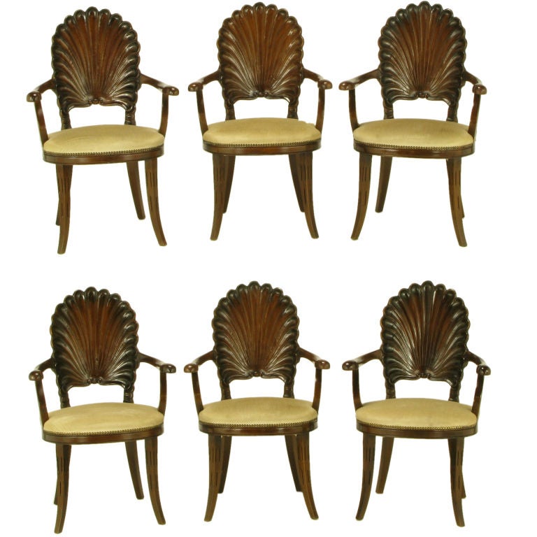 Set Six Italian Walnut Grotto Arm Chairs