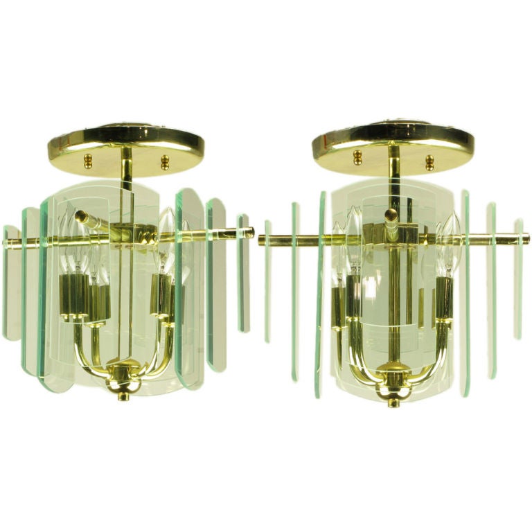 Pair Brass & Beveled Graduated Glass Ceiling Lights