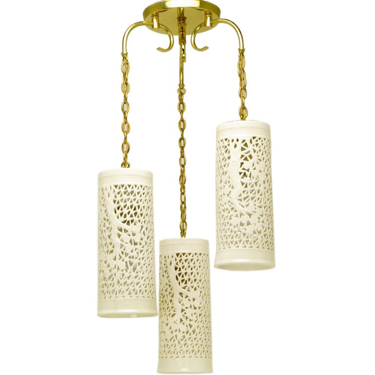 Triple-Pendant Reticulated Blanc de Chine Chandelier