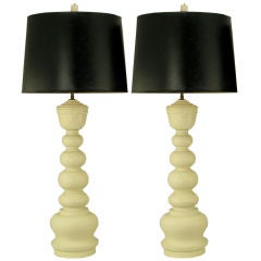 Pair James Mont Style Turned White Lacquer Table Lamps