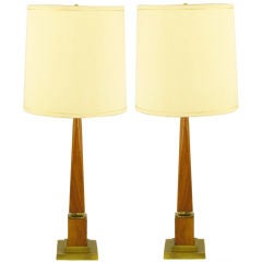 Pair Walnut Obelisk Table Lamps With Stepped Brass Plinths