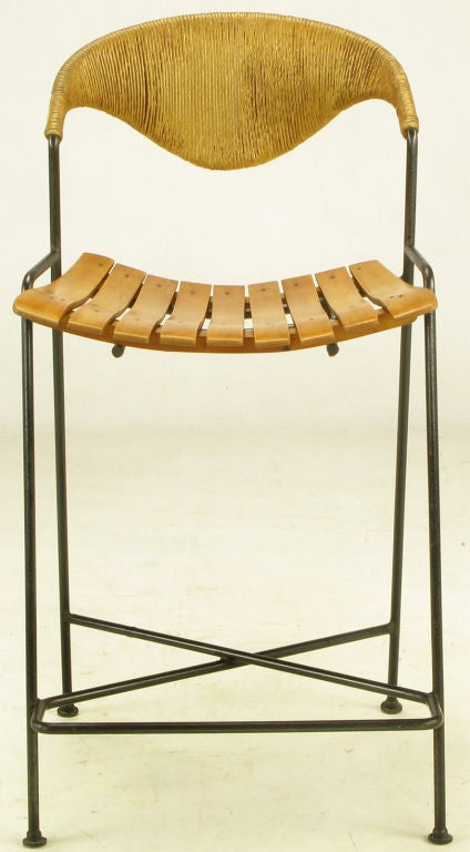 Two Arthur Umanoff Wrought Iron & Rush Bar Stools