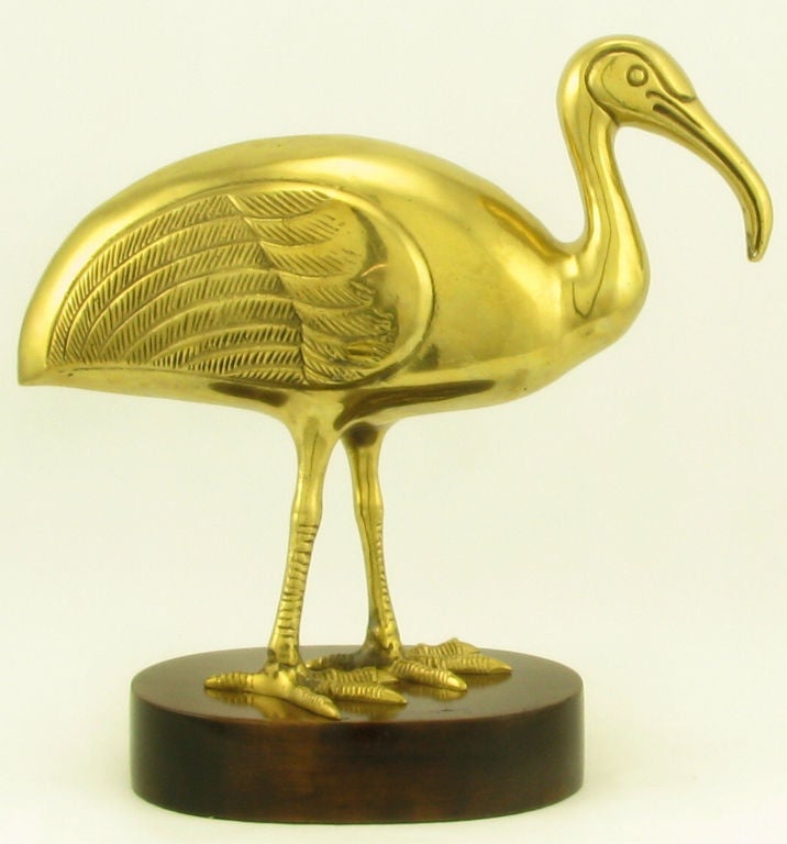 American Solid Brass Ibis Atop Wood Base For Sale