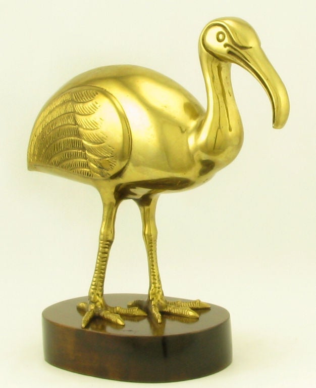 Mid-20th Century Solid Brass Ibis Atop Wood Base For Sale