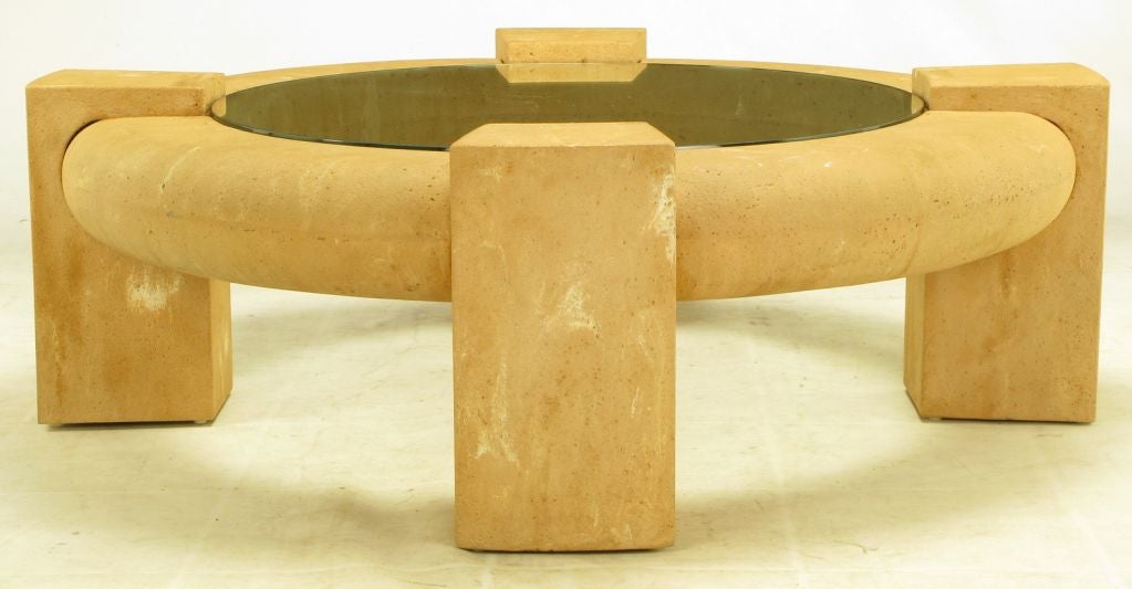 Massive Round Cast Stone & Glass Coffee Table