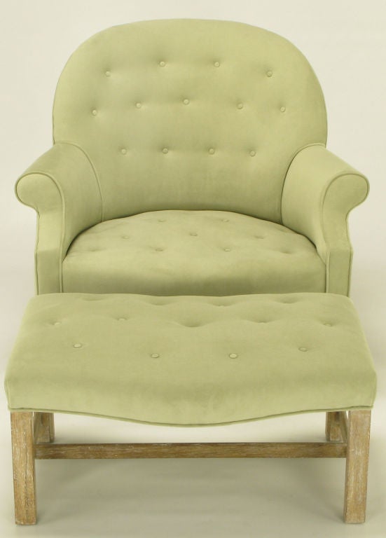 1940s Club Chair With Ottoman In Tufted Celadon Ultrasuede