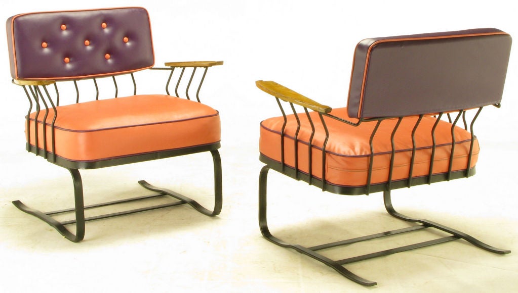 Pair Woodard Cantilevered Wrought Iron Lounge Chairs 5