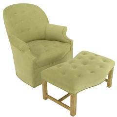 1940s Club Chair With Ottoman In Tufted Celadon Ultrasuede