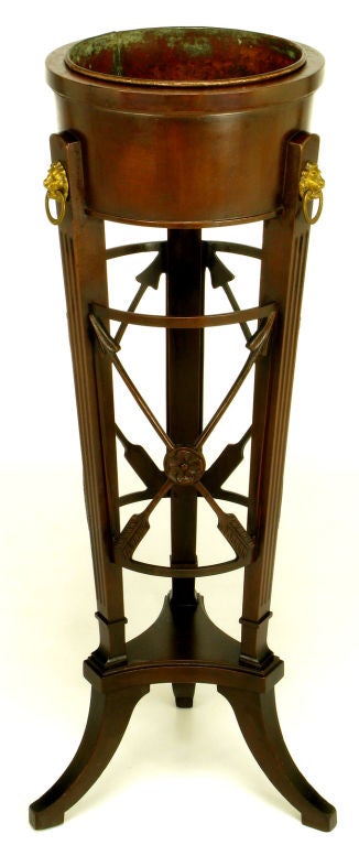 Pair Irwin Neoclassical Mahogany & Brass Pedestal Jardinieres