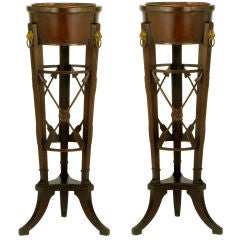 Pair  Irwin Neoclassical Mahogany & Brass Pedestal Jardinieres