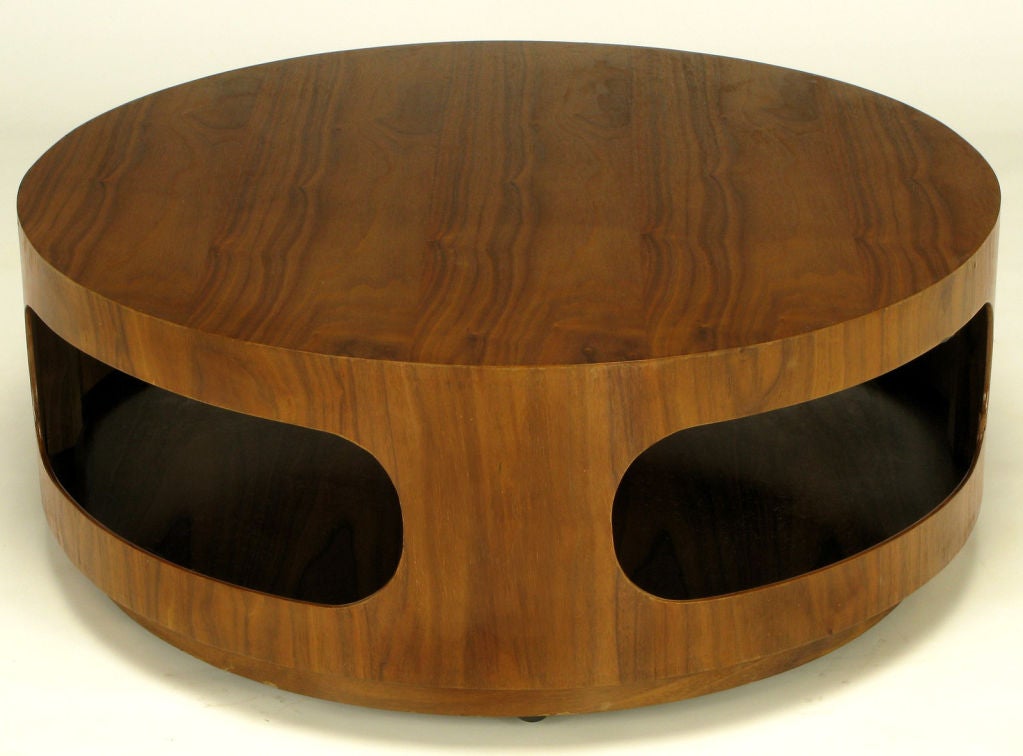 Italian Round Walnut Coffee Table With Four Racetrack Oval Openings