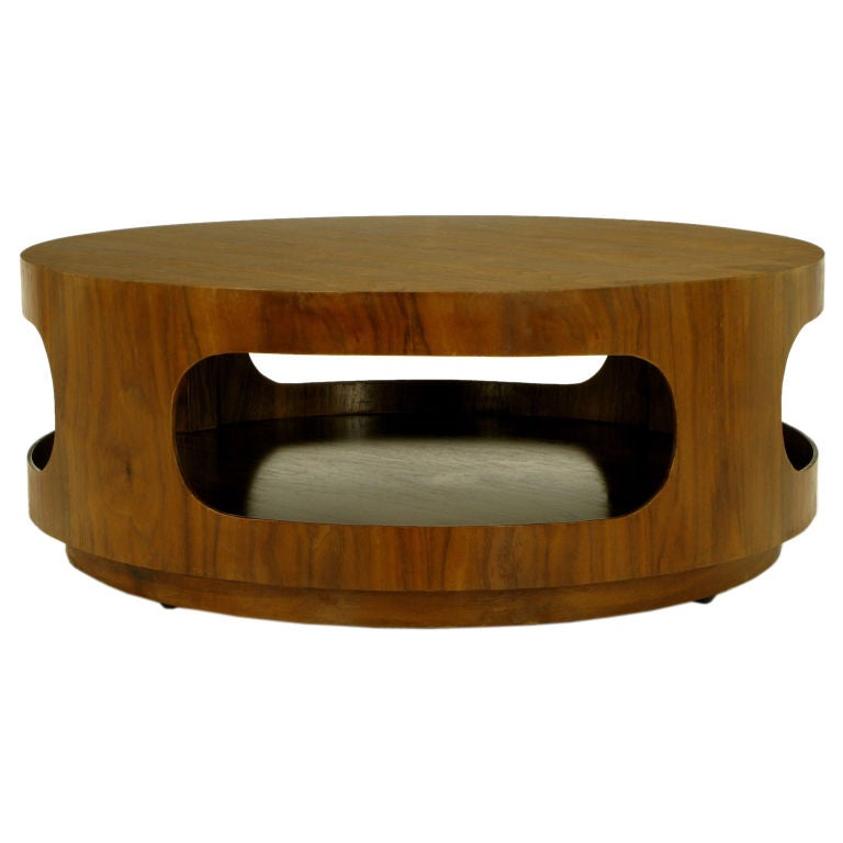 Round Walnut Coffee Table With Four Racetrack Oval Openings