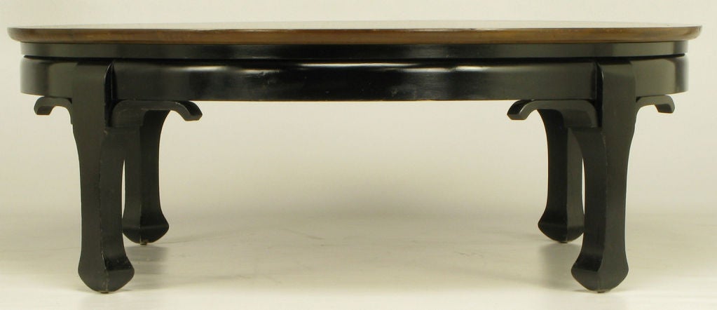Round Walnut & Black Lacquer Asian Low Profile Coffee Table