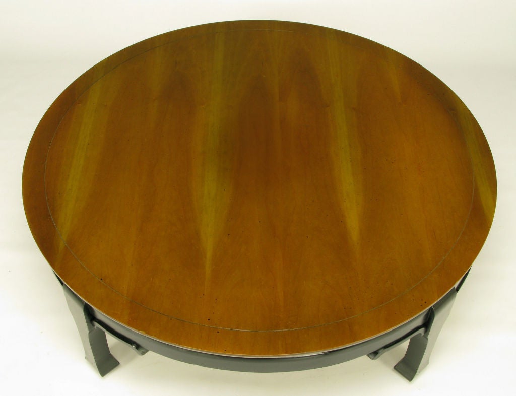 Round Walnut and Black Lacquer Asian Low Profile Coffee Table at 1stDibs