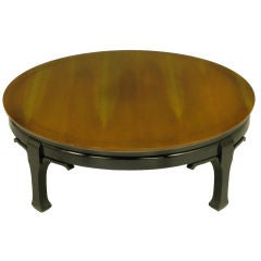 Round Walnut & Black Lacquer Asian Low Profile Coffee Table