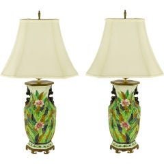 Vintage Pair Hexagonal Hand Painted Floral Vase-Form Table Lamps