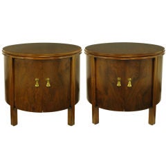 Vintage Pair Round Rosewood & Walnut Commodes With Double Doors