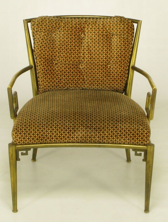 Mid-20th Century Pair Italian Brass Chairs With Greek Key Arms