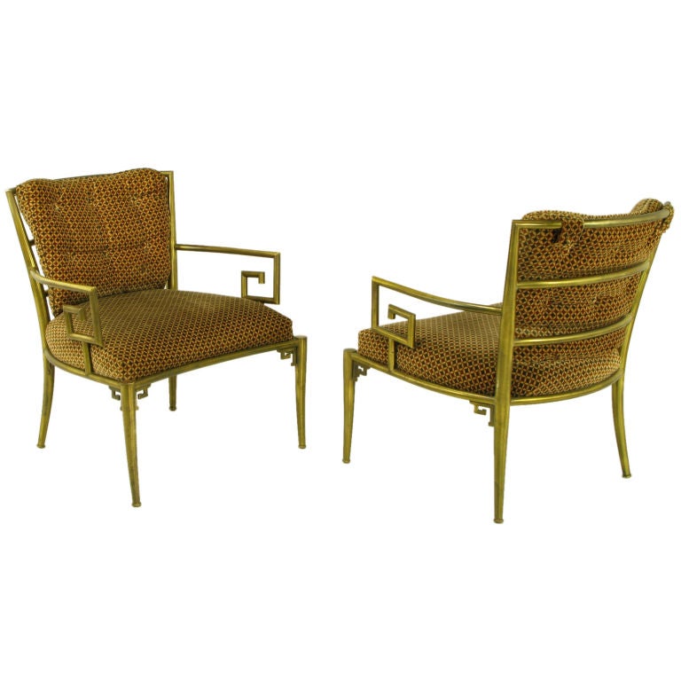 Pair Italian Brass Chairs With Greek Key Arms
