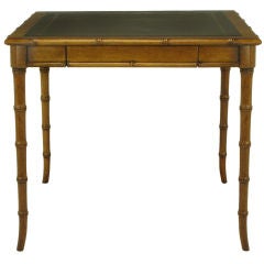 Retro Carved Walnut & Black Tooled Leather Bamboo-Leg Game Table