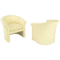 Vintage Pair Hekman Art Deco Revival Barrel Chairs In Creamy Silk