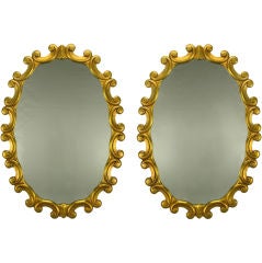 Pair French Art Deco Style Oval Mirrors With Gilt Finish