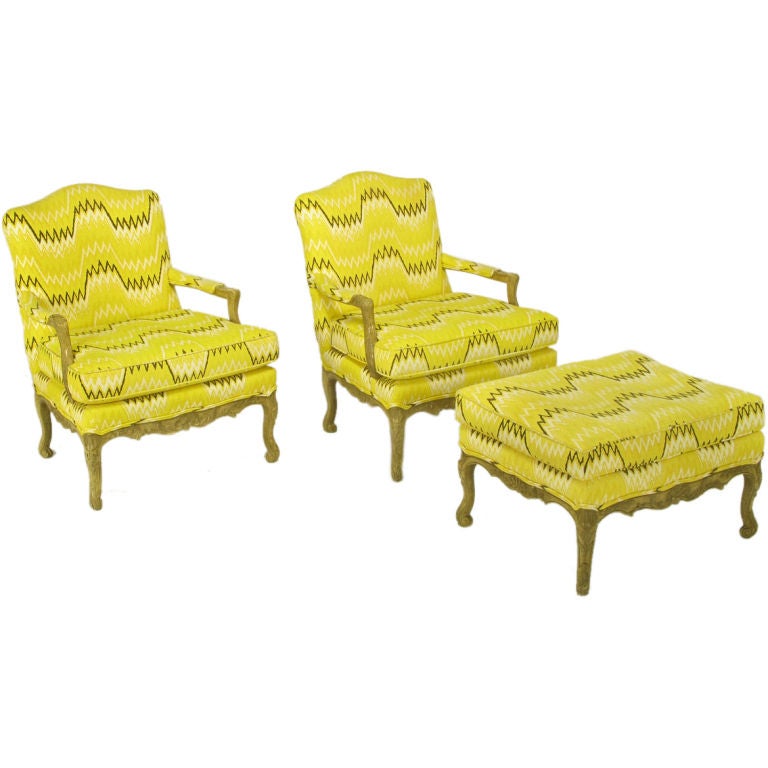 Pair  Erwin-Lambeth Louis XV Style Arm Chairs & Ottoman