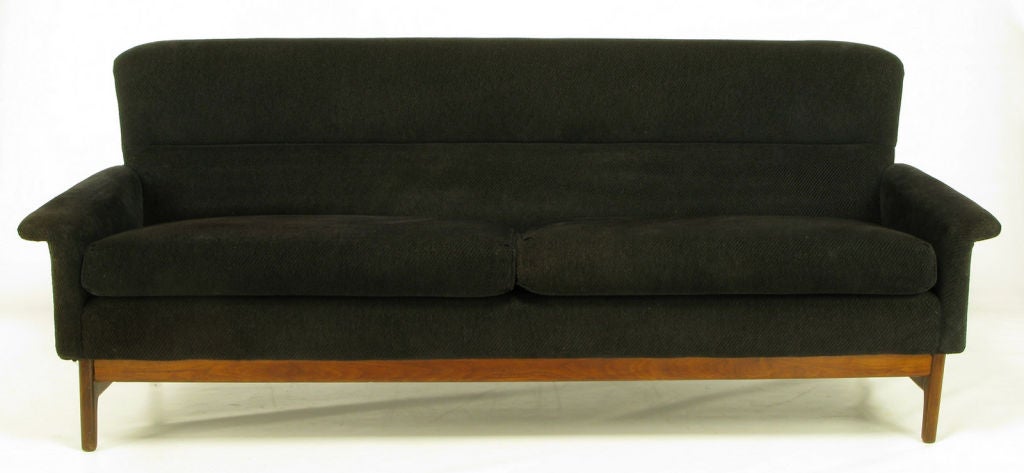 Danish Teak Wood & Black Chenille High Back Sofa