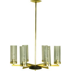 Brass & Black Lacquer Six-Light Chandelier With Hurricane Shades