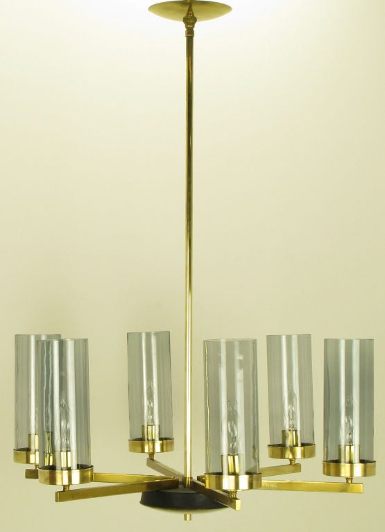 Brass & Black Lacquer Six-Light Chandelier With Hurricane Shades