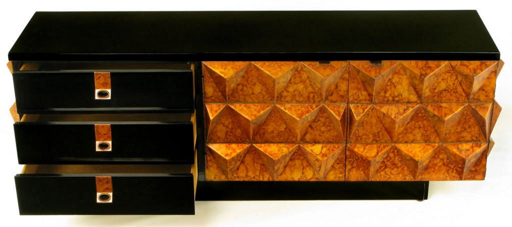 20th Century Black Lacquer & Copper Oil Drop Tetrahedron Front Cabinet