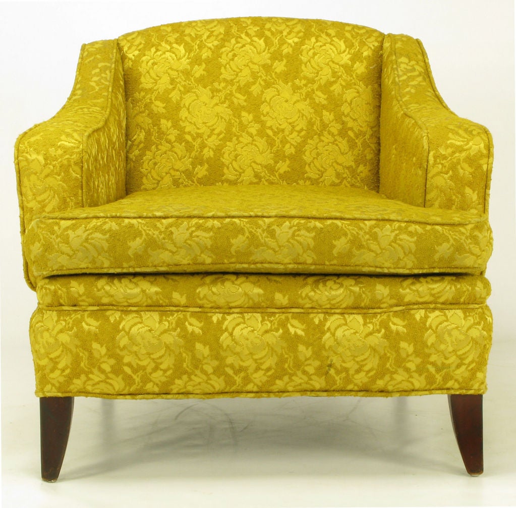 Wood 1940s Button Tufted Club Chair In Gold Damask For Sale