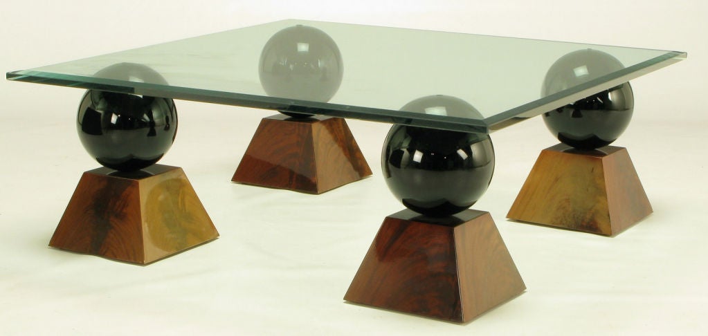 Glass Italian Coffee Table Of Black Spheres & Pyramidal Frustrums