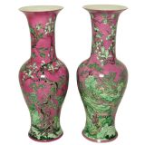 Pair Overscale 1970s Fuschia & Celadon Green Chinese Floor Vases