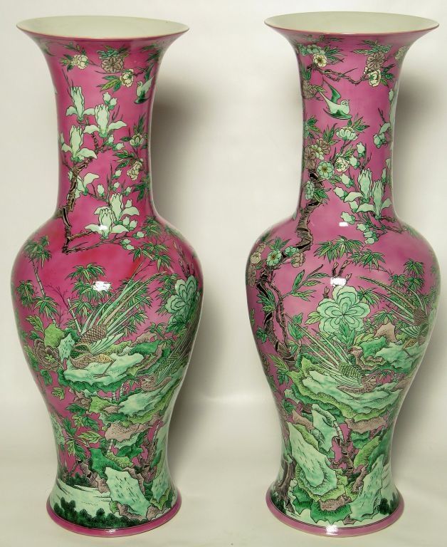 20th Century Pair Overscale 1970s Fuschia & Celadon Green Chinese Floor Vases