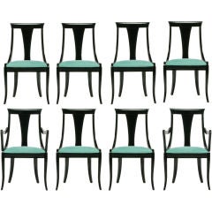 Eight Italian Black Lacquer & Turquoise Ultrasuede Dining Chairs