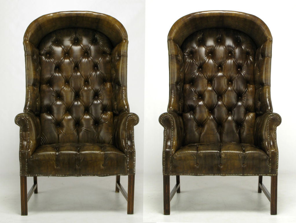 Pair Hooded & Button Tufted Chippendale Wing Chairs