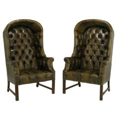 Vintage Pair Hooded & Button Tufted Chippendale Wing Chairs