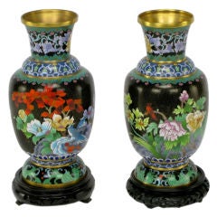 Pair Black Cloisonne Vases With Carved & Lacquered Bases