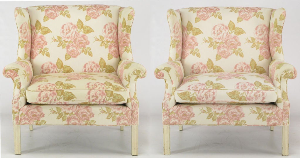 Pair Extra Wide Chippendale Wing Chairs In Rose Pattern Fabric