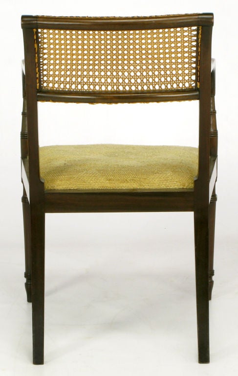 Mid-20th Century Dark Walnut & Cane Regency Arm Chair With Upholstered Seat