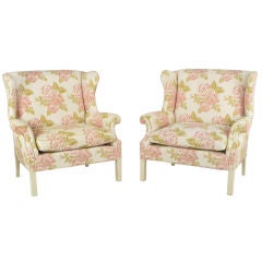Pair Extra Wide Chippendale Wing Chairs In Rose Pattern Fabric
